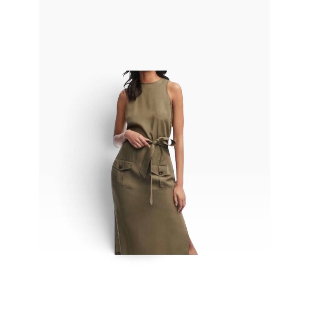 Brooks Brothers Olive Green Sleeveless Midi Dress Tie Waist Cargo Pockets 6